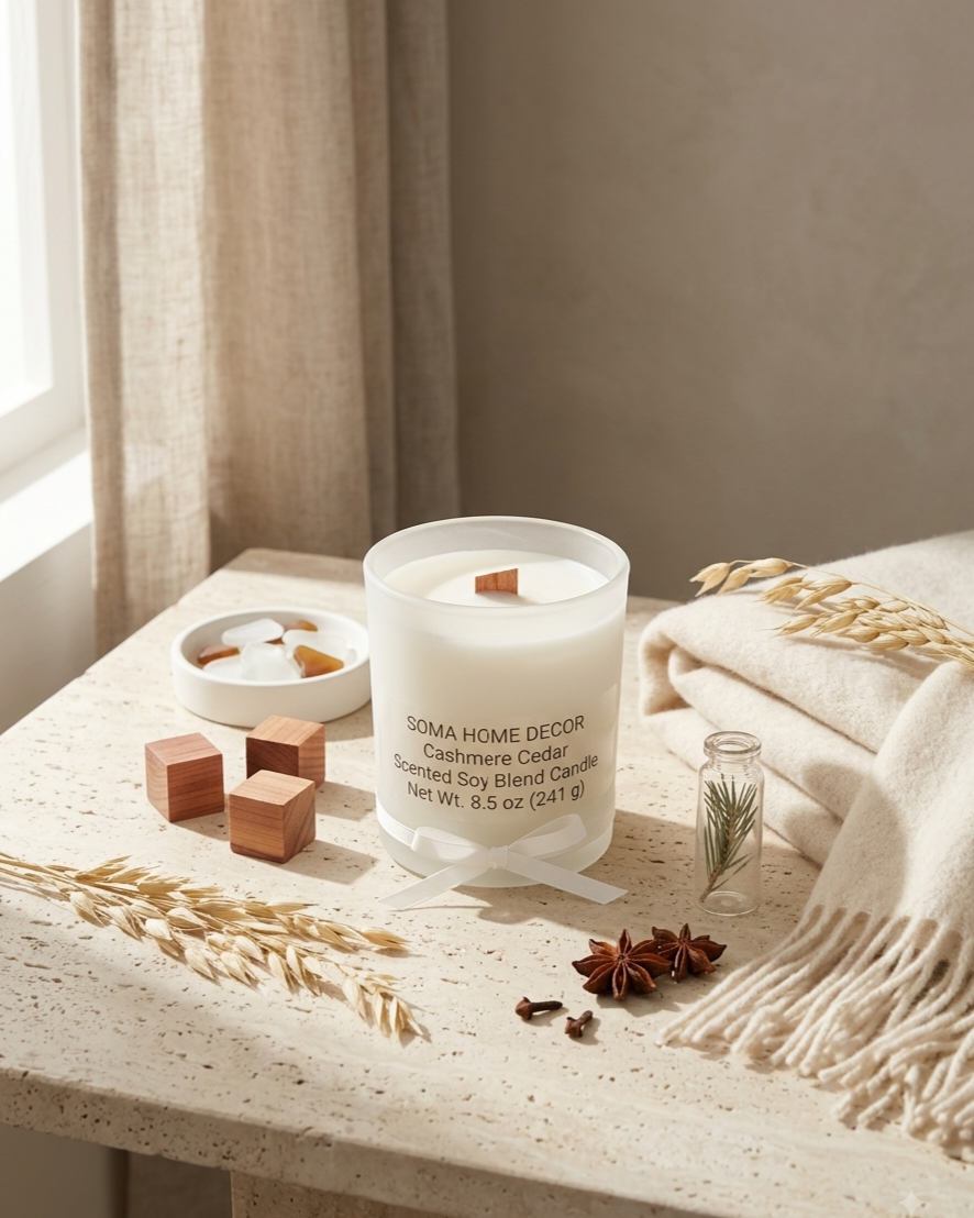 A Soma Home Decor Cashmere Cedar scented soy blend candle in a clear glass jar sits on a light stone table styled with a cream throw blanket, dried wheat stalks, wooden cubes, and star anise in a warm, natural setting.