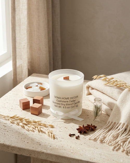A Soma Home Decor Cashmere Cedar scented soy blend candle in a clear glass jar sits on a light stone table styled with a cream throw blanket, dried wheat stalks, wooden cubes, and star anise in a warm, natural setting.