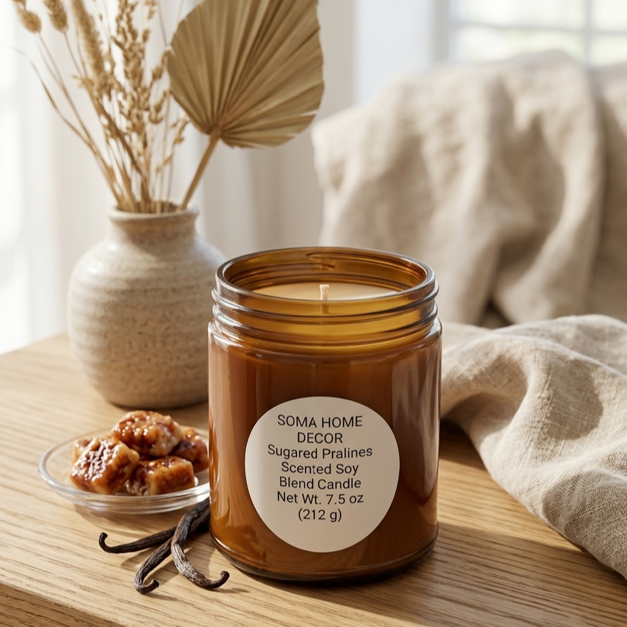 Hand-poured Sugared Pralines scented candle in an amber glass jar with pecans and autumn decor on a wooden table.