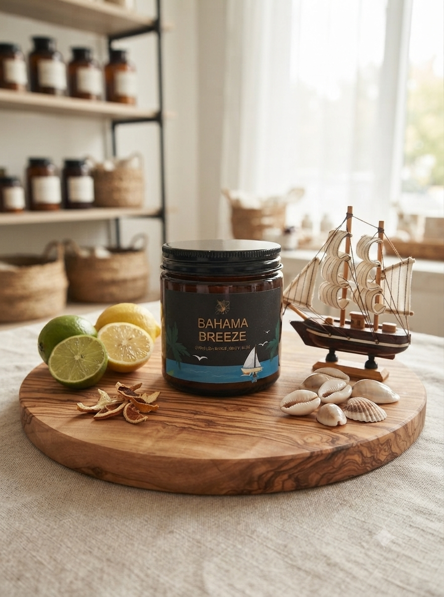 A jar of Bahama Breeze coconut sugar sits on a round wooden serving board styled with limes, dried citrus peel, seashells, and a small wooden sailing ship, set on a linen tablecloth with a softly blurred kitchen background.