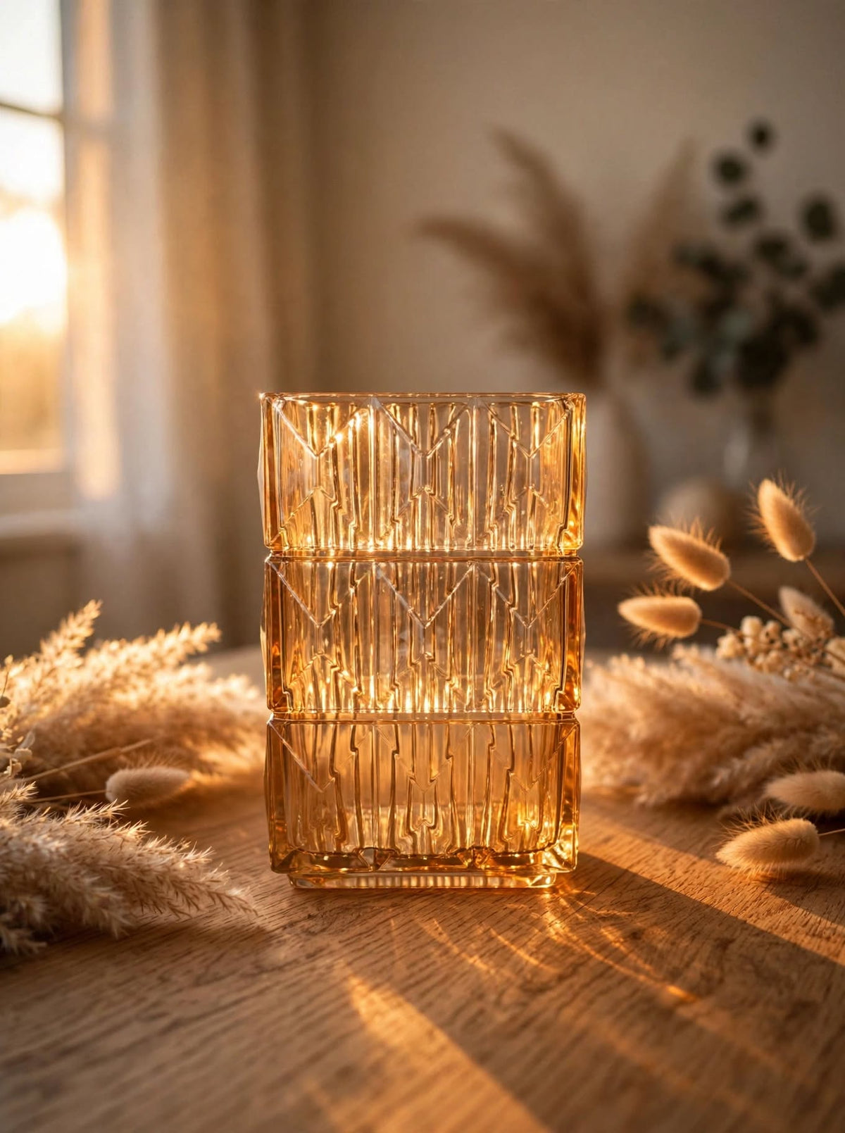 Amber square glass vase dimensions: 20 cm tall, 13 by 8 cm top, 11.5 by 6.5 cm base
