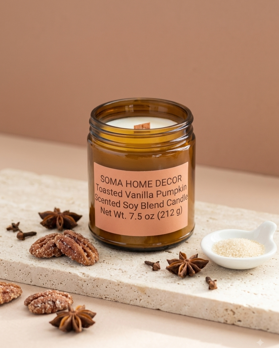 An amber glass jar candle with a peach label reading 'SOMA HOME DECOR Toasted Vanilla Pumpkin Scented Soy Blend Candle' sits on a light stone slab with scattered pecans, cloves, and a small dish of wax or filler against a warm beige background.