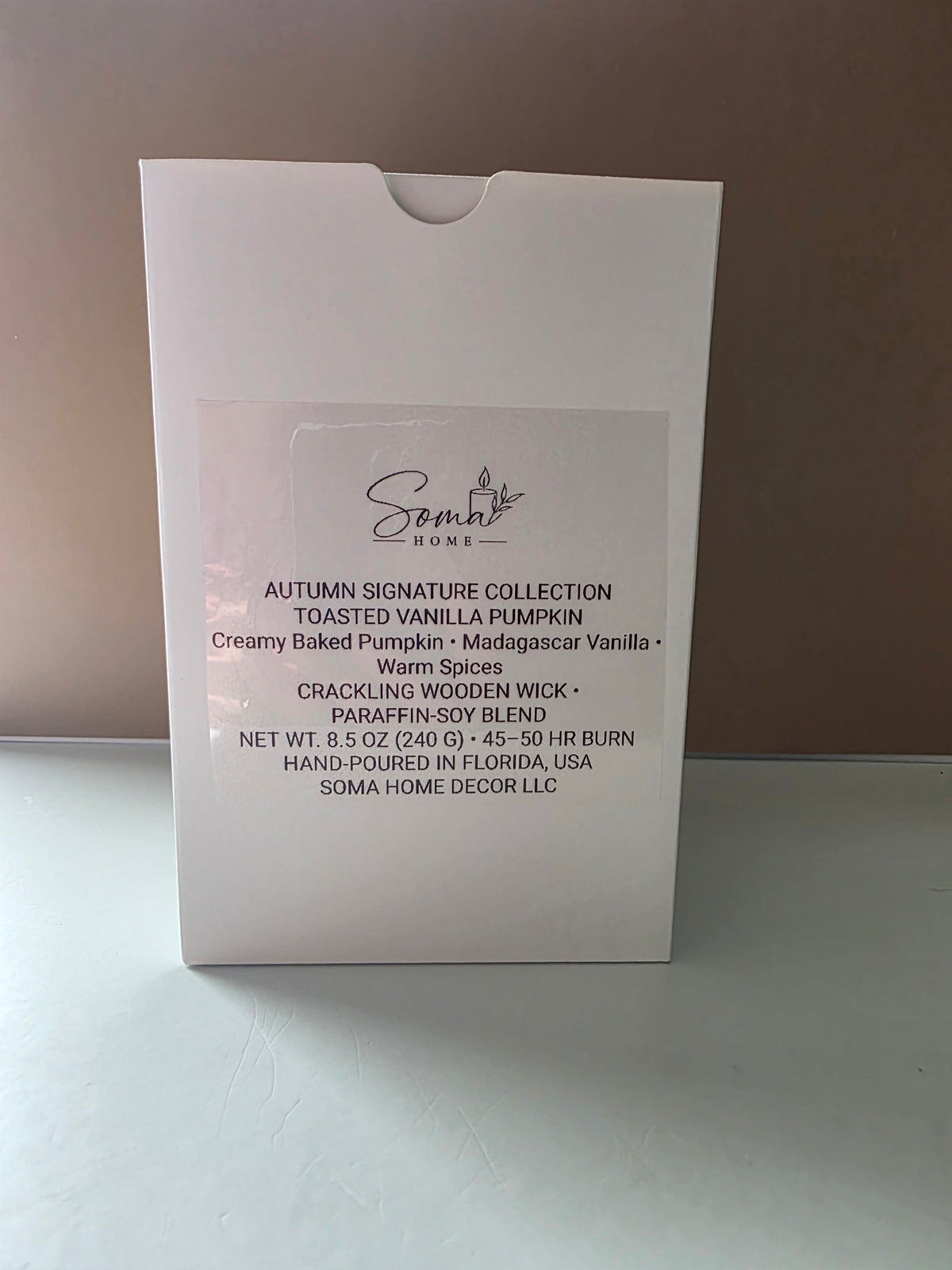 Soma Home Decor autumn scented wooden wick candle packaged in luxury white gift box