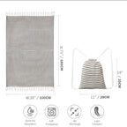Gray Turkish peshtemal towel size guide: 39 by 71 inch towel with tassels and 11 by 14 inch drawstring bag, quick dry, prewashed, no shrinkage, light and compact