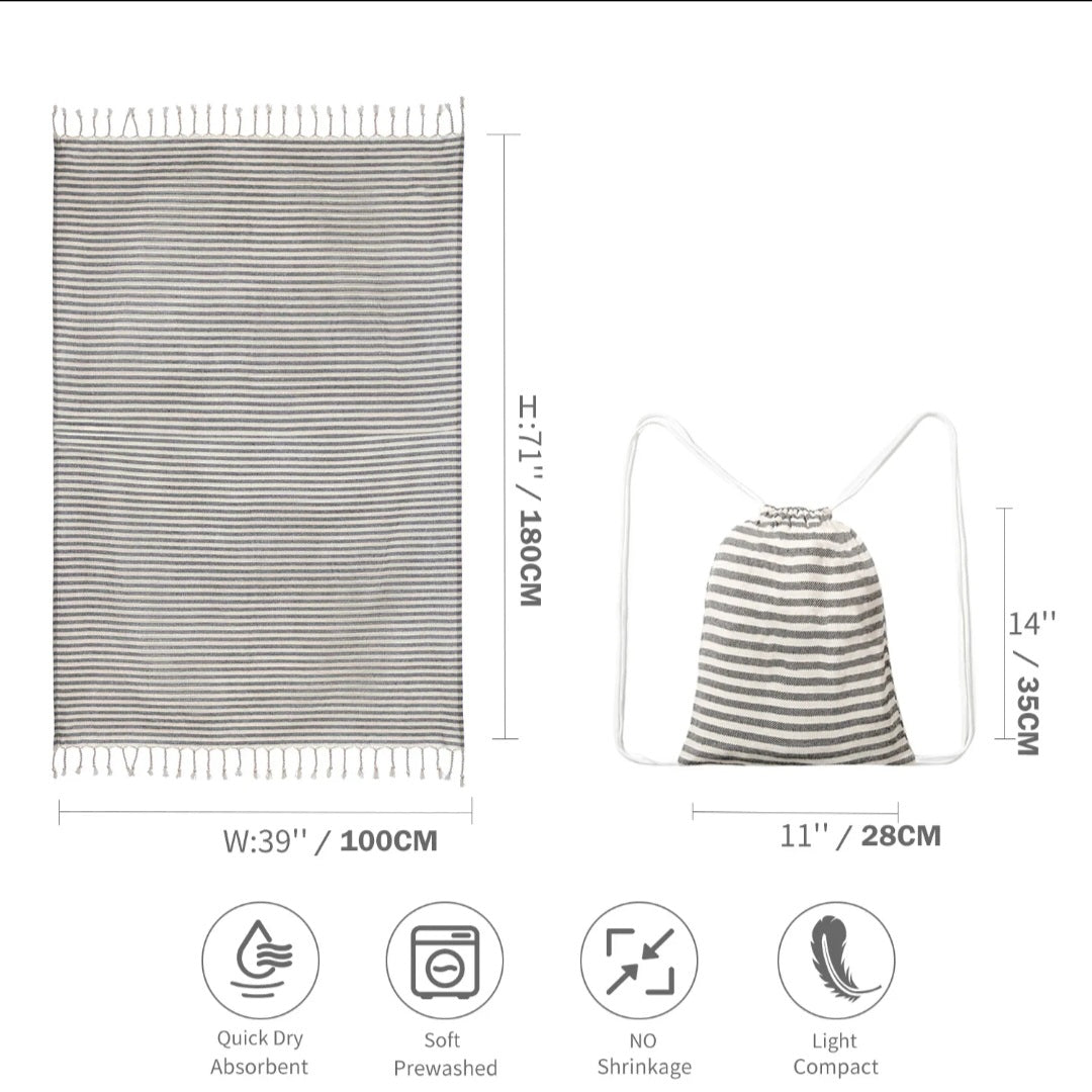 Gray Turkish peshtemal towel size guide: 39 by 71 inch towel with tassels and 11 by 14 inch drawstring bag, quick dry, prewashed, no shrinkage, light and compact
