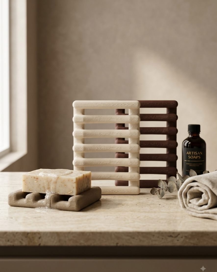 A styled bathroom or soap bar set on a stone countertop, featuring a beige soap bar on a matching soap dish, a dark brown soap bar on a wooden holder, and a small bottle labeled Artisan Soaps next to a folded towel.