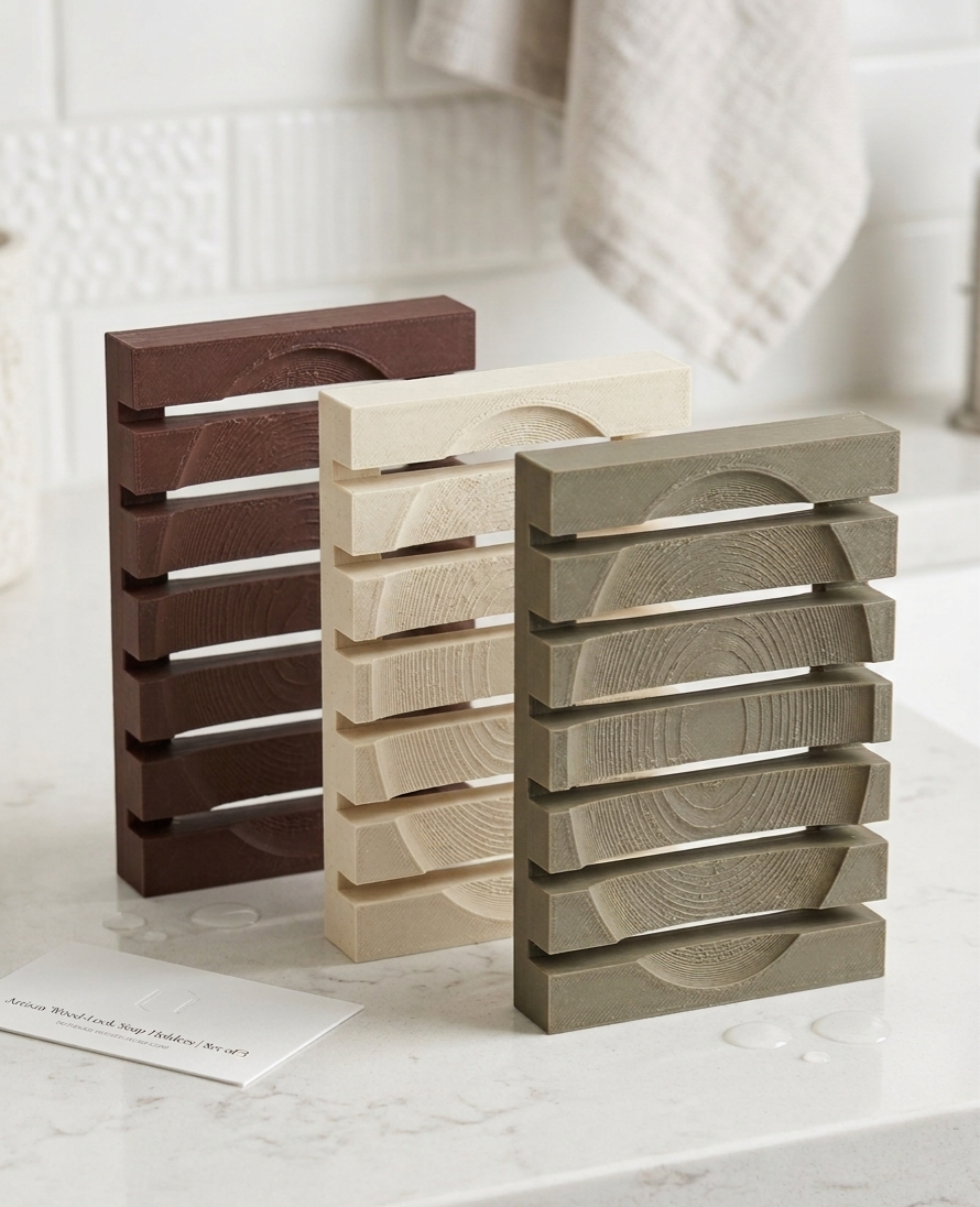 3D printed wood fiber soap dishes in Black Walnut, White Oak, and Rosewood