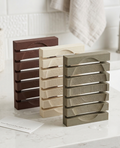 3D printed wood fiber soap dishes in Black Walnut, White Oak, and Rosewood