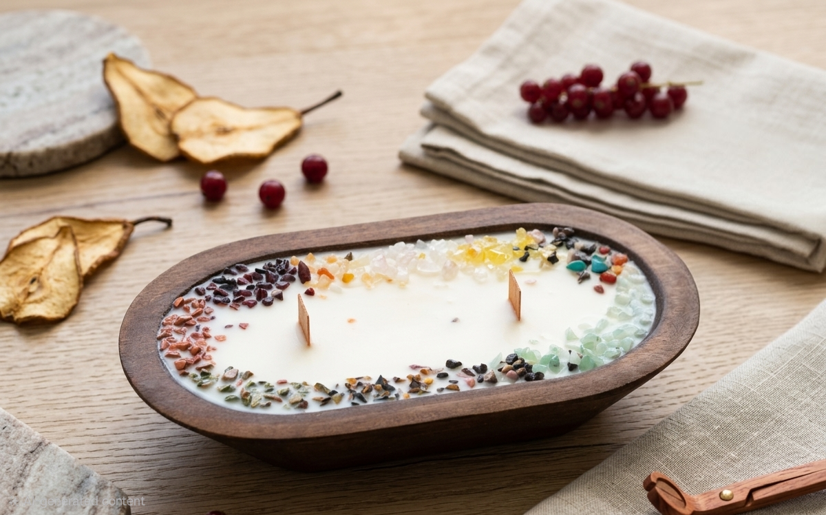An oval wooden candle dish holding a white wax candle with decorative multicolored crystals and dried botanicals around the rim, styled on a light wood surface with fabric napkins, dried pear slices, and red berries.