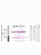 Woodland Creek Lavender Scented Foaming Hand Soap label showing product details, ingredients, directions, and social media handles on a white background.