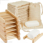 Natural beige soap cleansing set including a stack of reusable cotton soap sponges, a drawstring soap bag, two white bars of soap, and a light wood soap dish, shown on a white background.