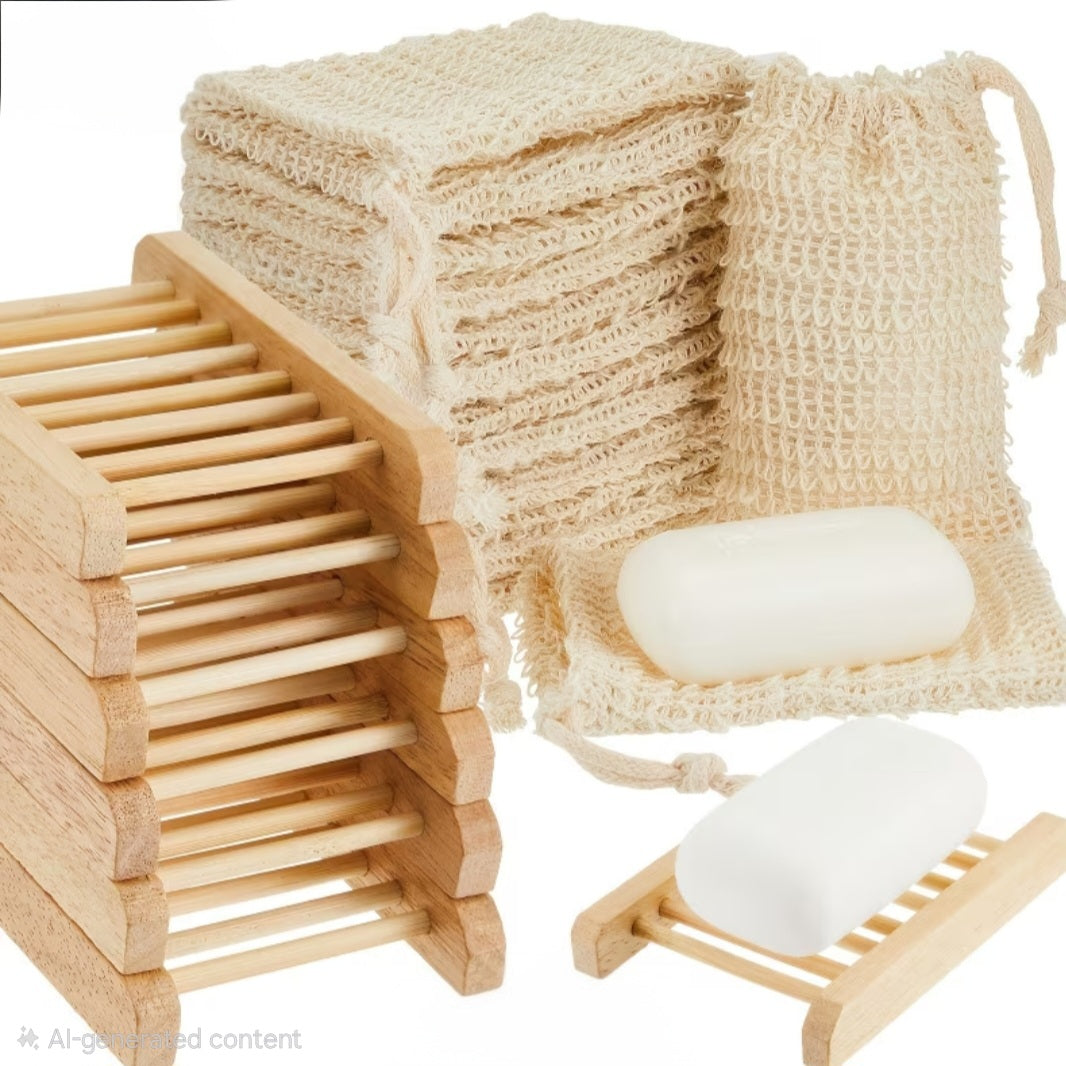 Natural beige soap cleansing set including a stack of reusable cotton soap sponges, a drawstring soap bag, two white bars of soap, and a light wood soap dish, shown on a white background.
