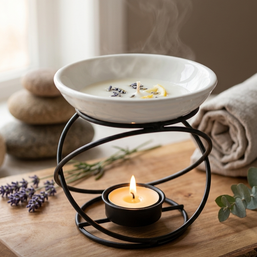 Black metal ceramic wax melt warmer with white dish, tealight candle and lavender decor