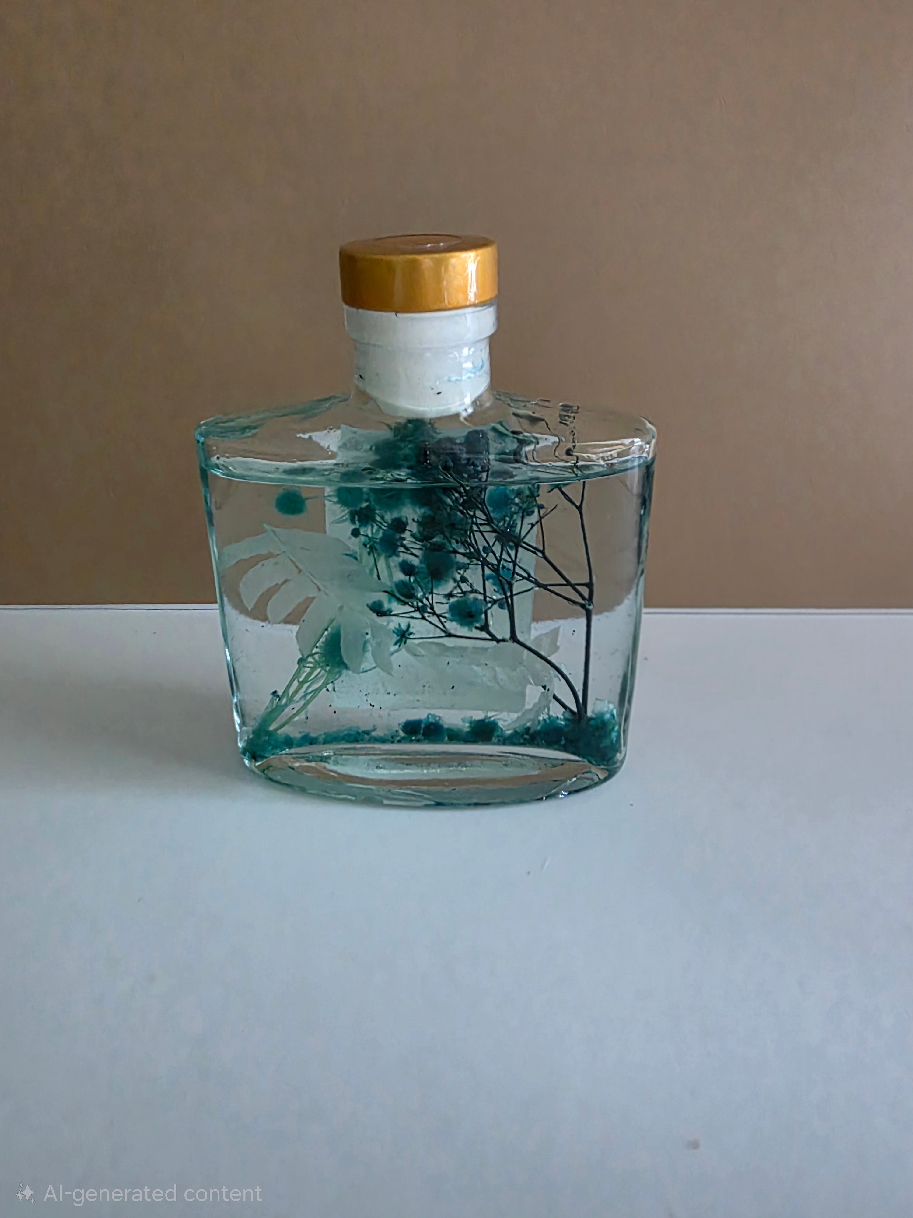 A clear glass bottle with a gold cap and white neck, containing a teal liquid with dried botanical elements, set against a two-tone beige and white background.