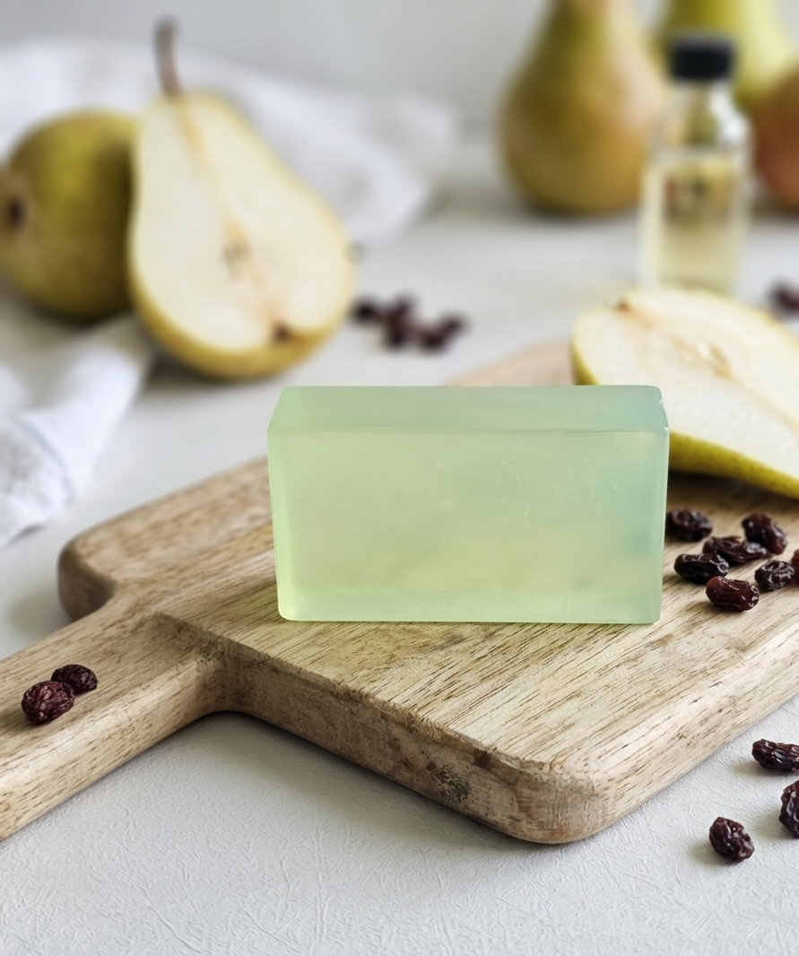 A translucent pale yellow-green rectangular bar of soap sits on a wooden cutting board, surrounded by sliced pears, dried berries, and a small bottle in a softly blurred kitchen-style setting.