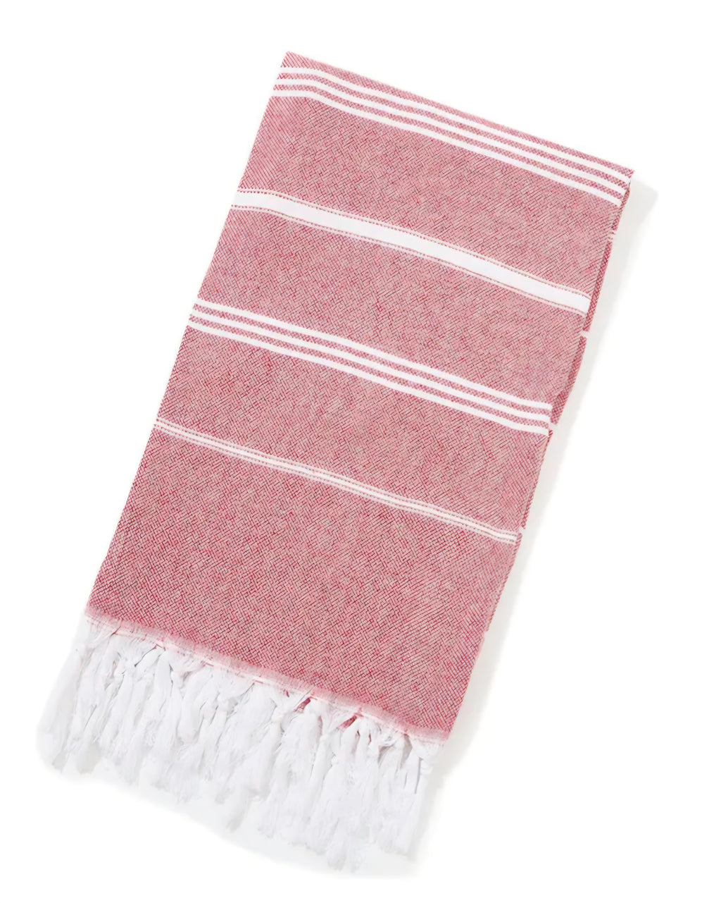 Folded red Turkish beach towel with white stripes and white tassels on white background