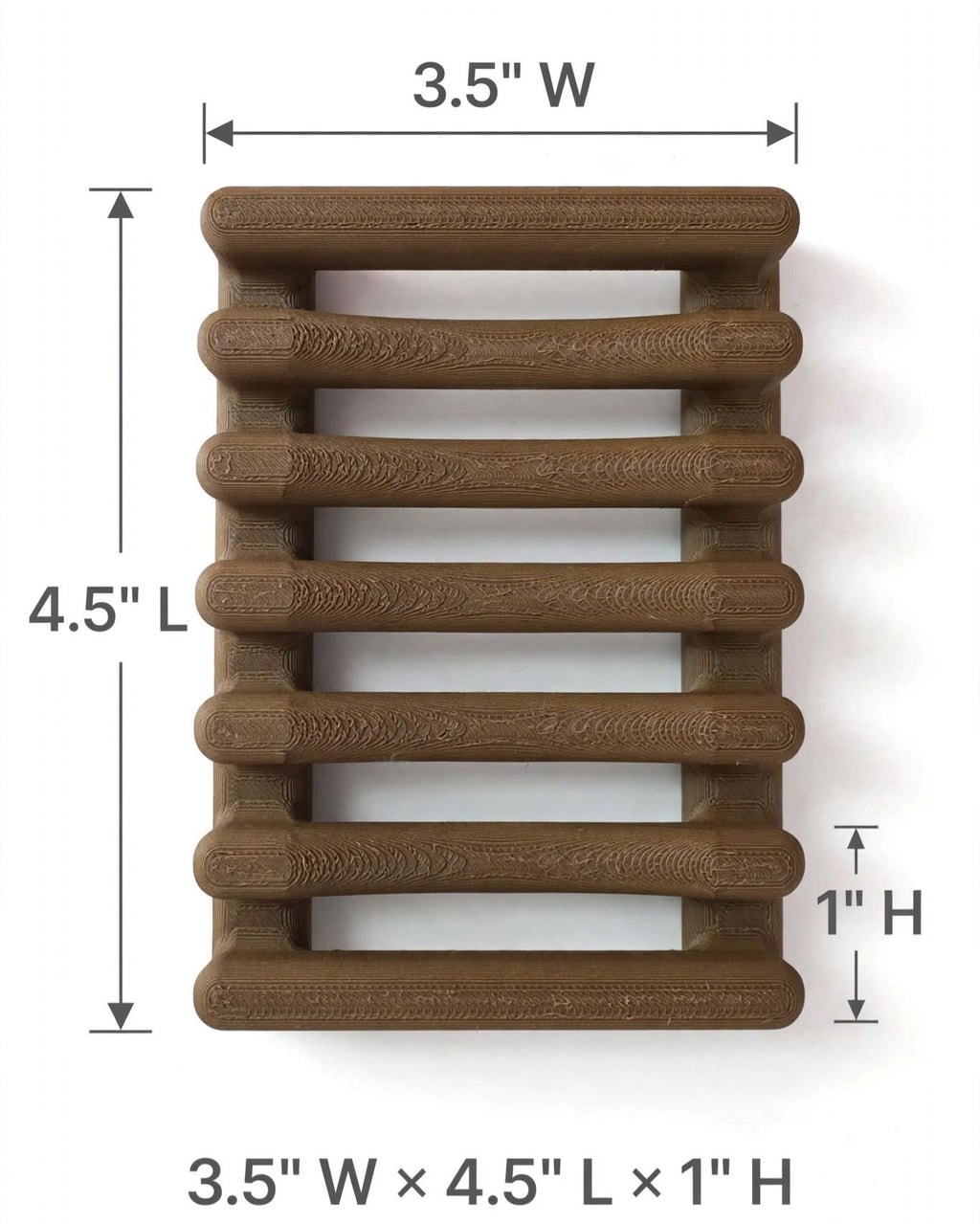 A brown towel rack with dimension labels showing 3.5 inches wide, 4.