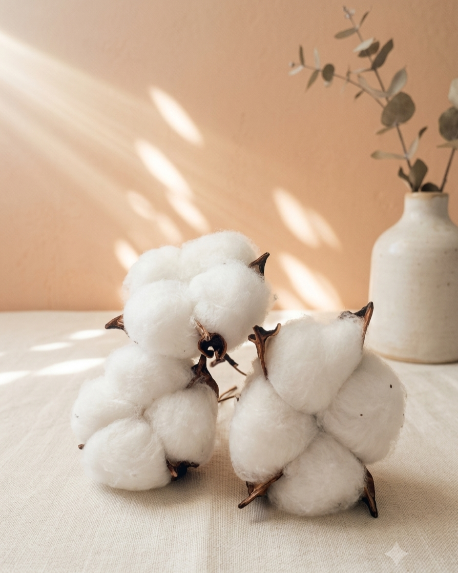 Natural dried cotton bolls, set of 6 on wire picks