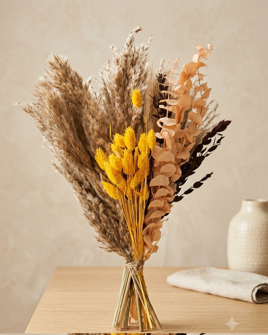 Orange dried flower bouquet with pampas grass, golden bunny tails and eucalyptus, warm autumn tones