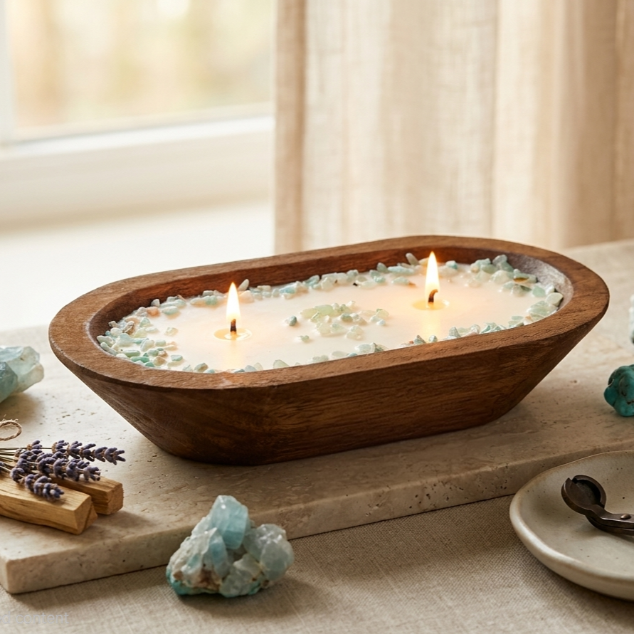 A wooden bowl-shaped candle holder with two lit candles, filled with white wax and decorated with light blue and green crystal chips, styled on a linen tablecloth with crystals and lavender.