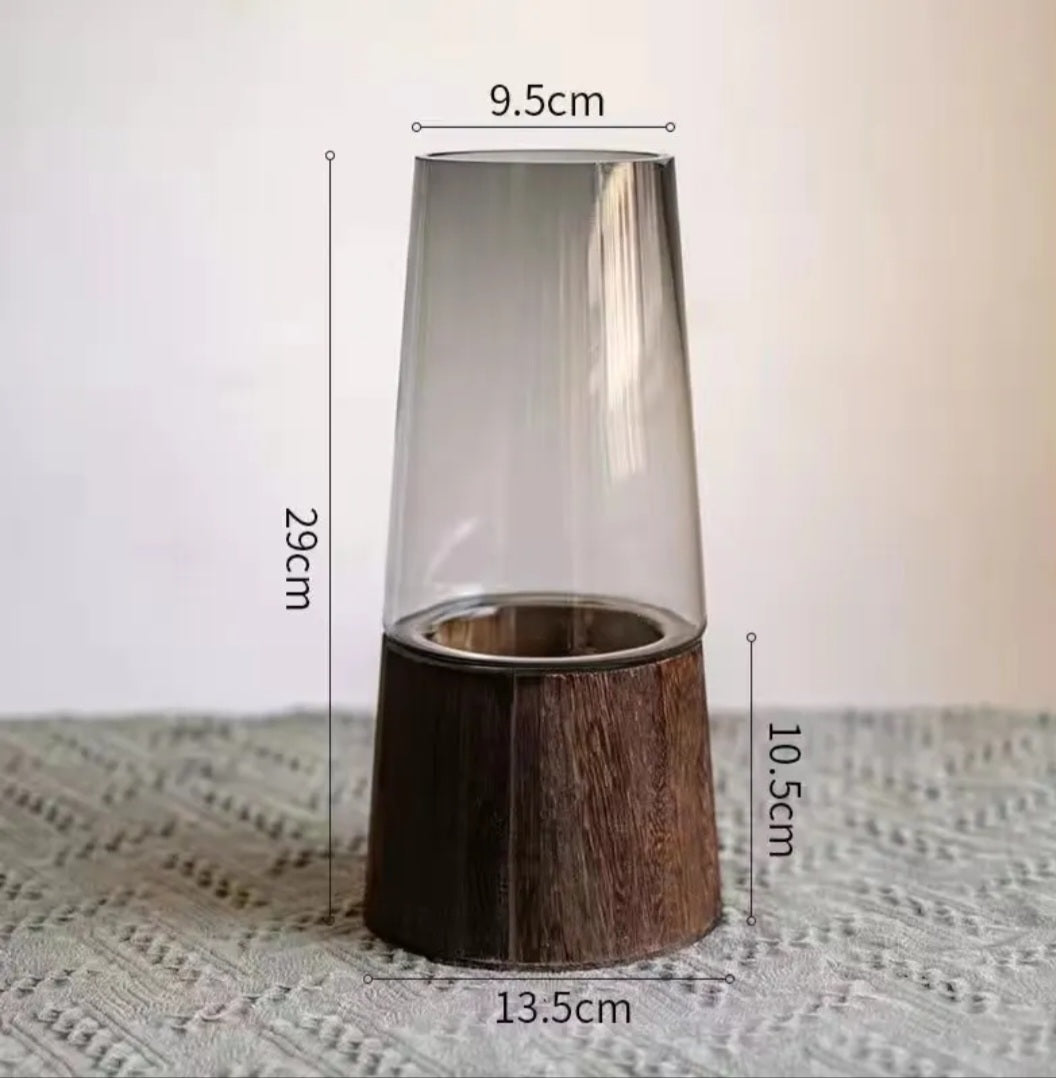Tall glass vase on wooden base dimensions: 29 cm tall, 13.5 cm base, 9.5 cm opening