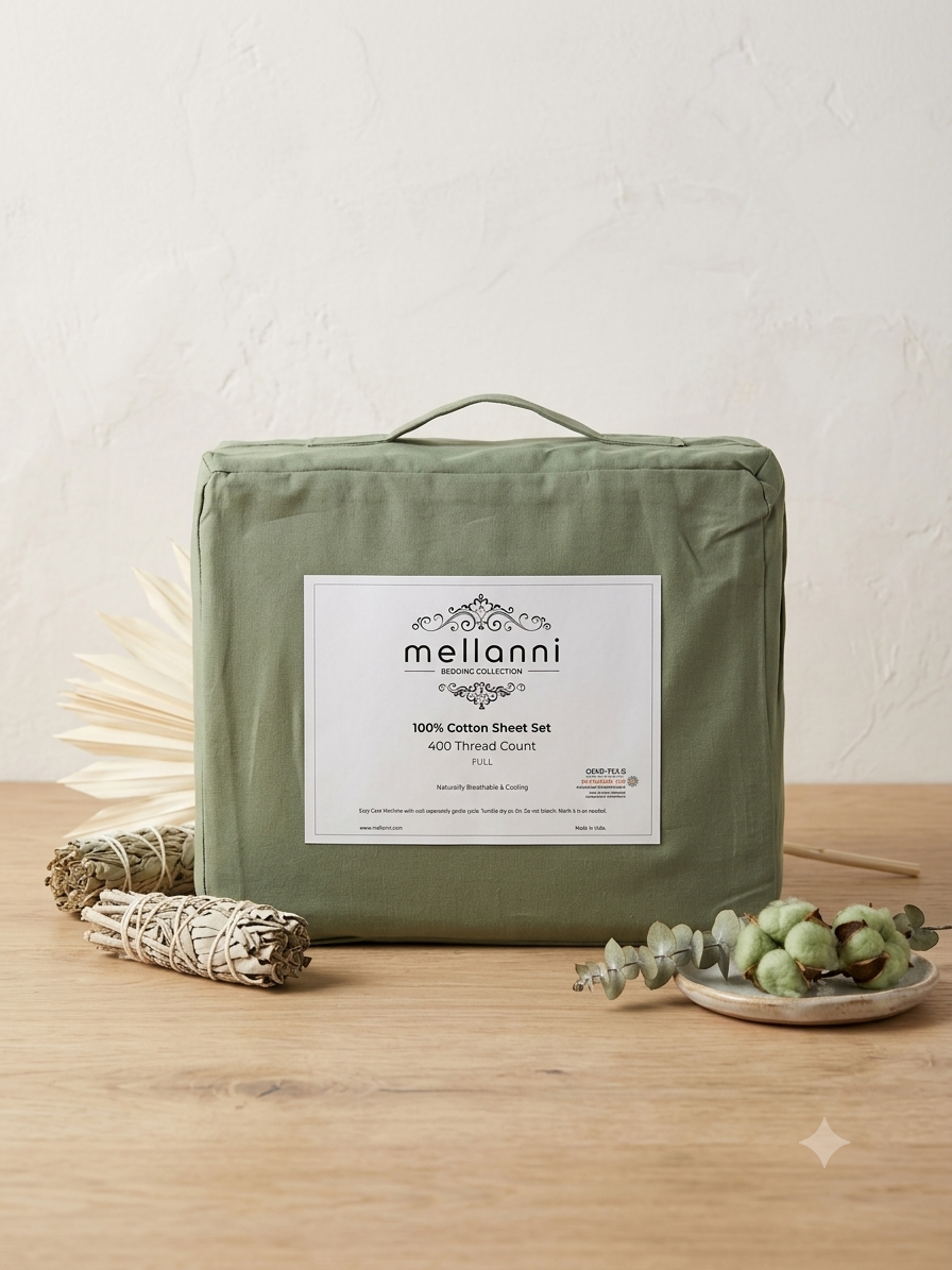 An olive green Melanni cotton sheet set package with a white label, styled on a wooden surface with dried flowers and greenery against a textured off-white wall.