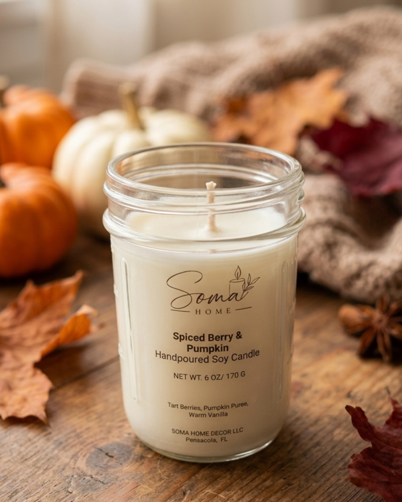 A handpoured soy candle in a clear glass mason jar by Soma Home, labeled 'Spiced Berry & Pumpkin,' set on a rustic wooden surface with autumn leaves, pumpkins, and a cozy fabric backdrop.