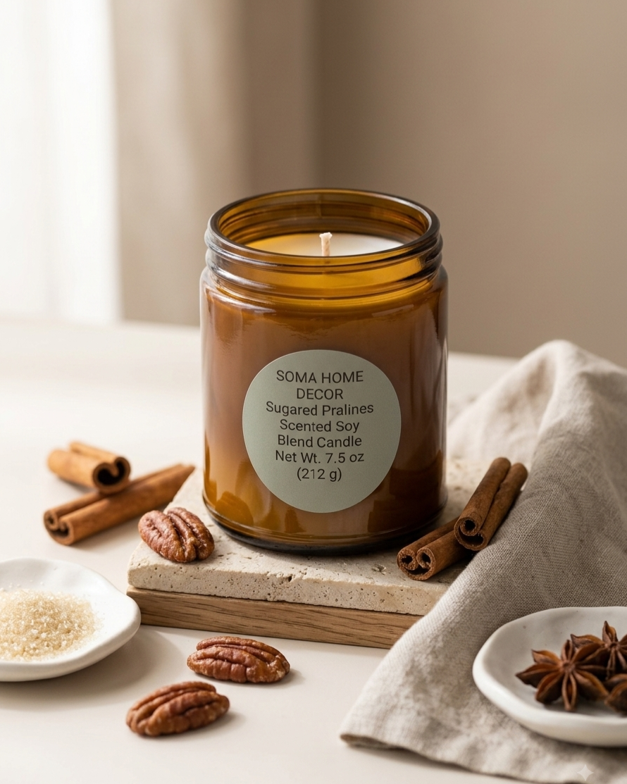 An amber glass jar candle labeled 'SOMA HOME DECOR Sugared Pralines Scented Soy Blend Candle' sits on a stone slab with cinnamon sticks, pecans, and small dishes of spices around it on a neutral tabletop.