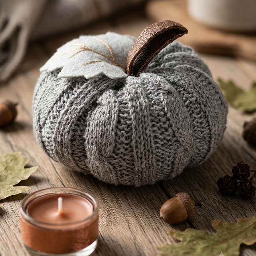 Cozy Knit Fabric Pumpkins – Handcrafted Autumn & Thanksgiving Tabletop Decor - styled view