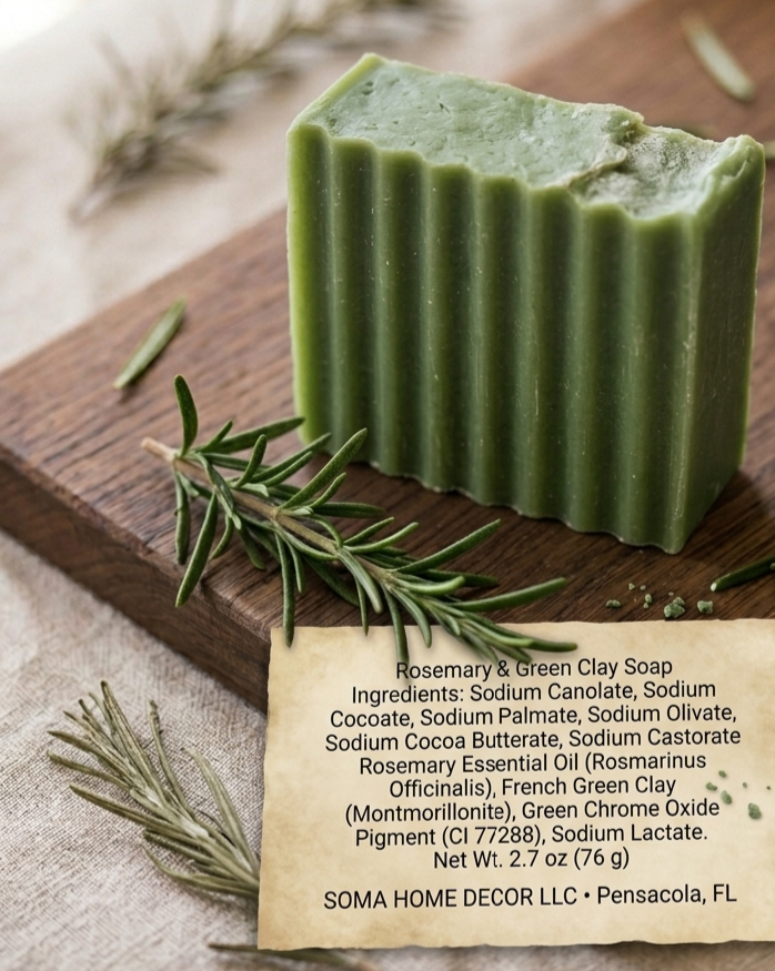 A rectangular bar of green clay soap with a rustic torn edge, displayed on a wooden board with rosemary sprigs and a paper label showing ingredients and the brand SOMA HOME DECOR LLC.