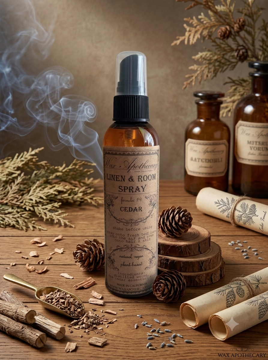 A bottle of Cedar Linen & Room Spray stands on a wooden surface surrounded by natural props including pinecones, dried herbs, parchment scrolls, and amber glass bottles in the background.