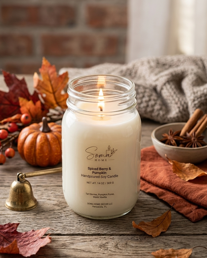 A lit spiced berry and pumpkin scented soy candle in a clear glass mason jar, styled on a rustic wooden table with autumn leaves, a small pumpkin, a brass bell, cinnamon sticks, and a knitted blanket.