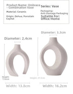 Embrace combination vase set dimensions: small vase 17.6 cm tall, large vase 21.5 cm tall, ceramic