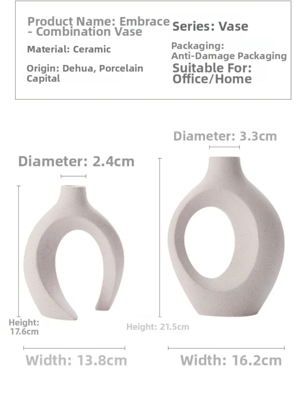 Embrace combination vase set dimensions: small vase 17.6 cm tall, large vase 21.5 cm tall, ceramic