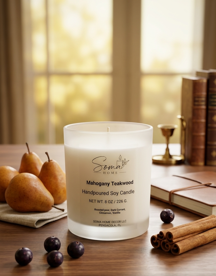 A frosted glass soy candle labeled 'Soma Home Mahogany Teakwood Handpoured Soy Candle' sits on a wooden table surrounded by pears, cinnamon sticks, and books in a warm, softly lit interior setting.
