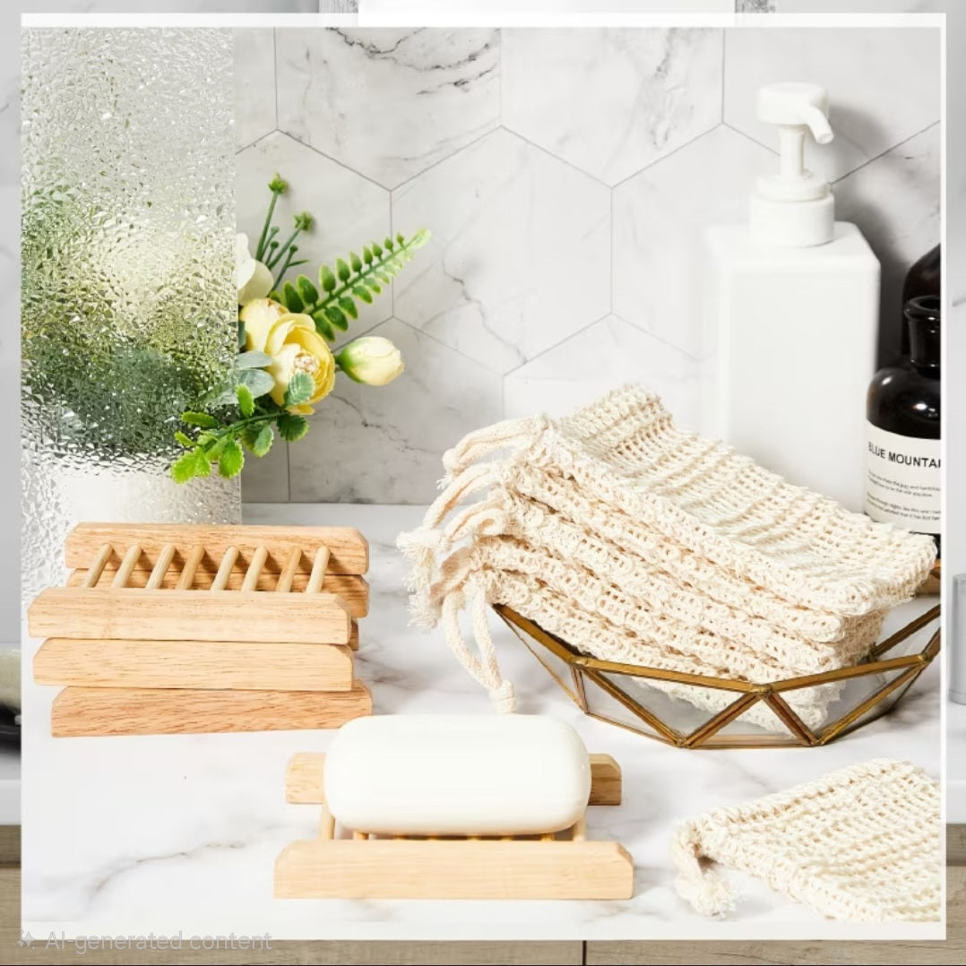 A styled bathroom countertop scene featuring a stack of light natural wood soap dishes, a white bar of soap on one dish, cream woven cotton soap bags with fringe in a metal basket, a white pump bottle, and a dark bottle on a white marble surface against a white hexagonal tile wall.