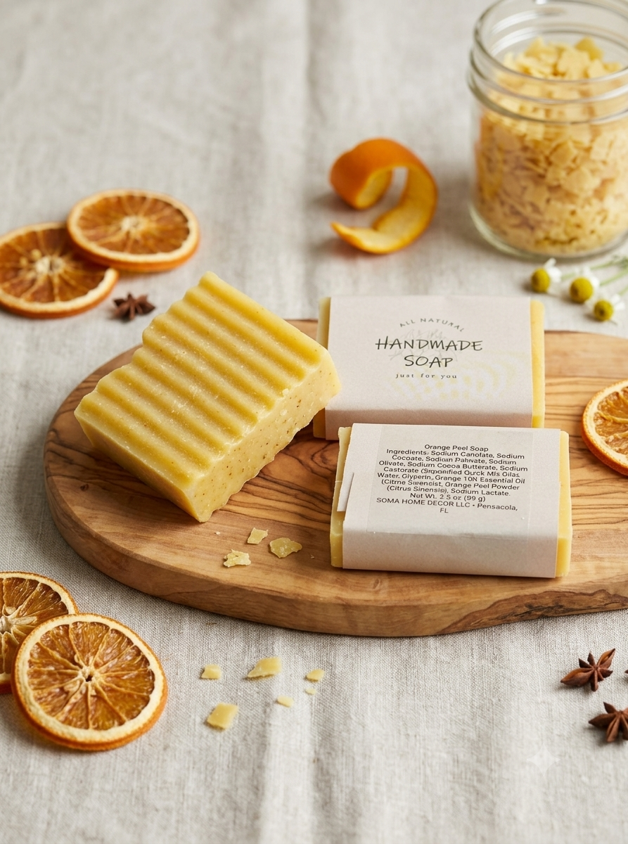 Two bars of handmade soap on a wooden board, one unwrapped showing a pale yellow bar and one wrapped in cream paper. The setup includes dried orange slices, star anise, a citrus peel, and a jar of dried botanicals on a light linen background.