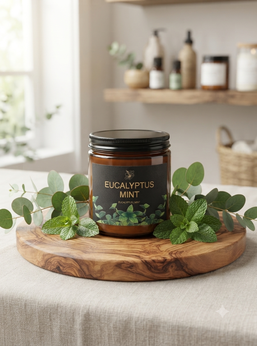 A jar candle labeled 'EUCALYPTUS MINT' sits on a round wooden serving board with fresh eucalyptus and mint leaves in a softly lit kitchen or bathroom setting.