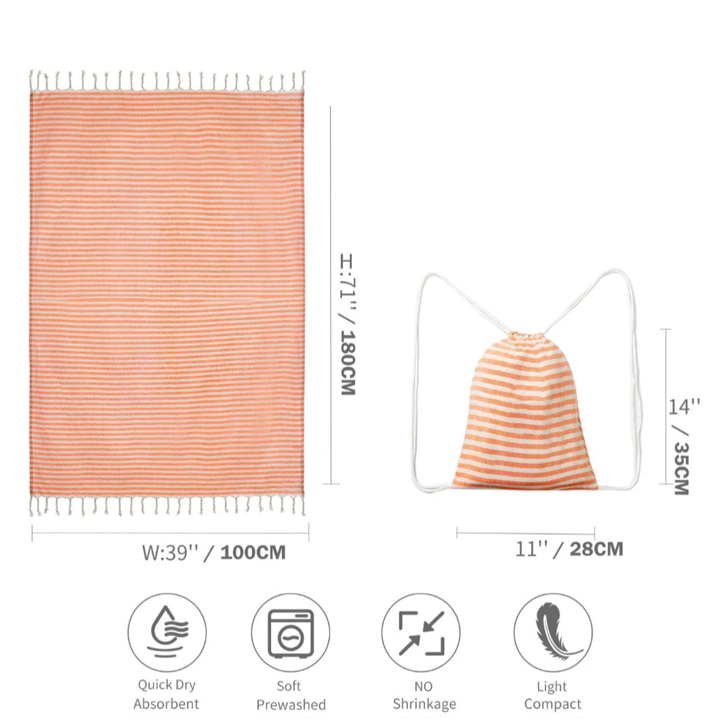 Orange Turkish peshtemal towel size guide: 39 by 71 inch towel with tassels and 11 by 14 inch drawstring bag, quick dry, prewashed, no shrinkage, light and compact