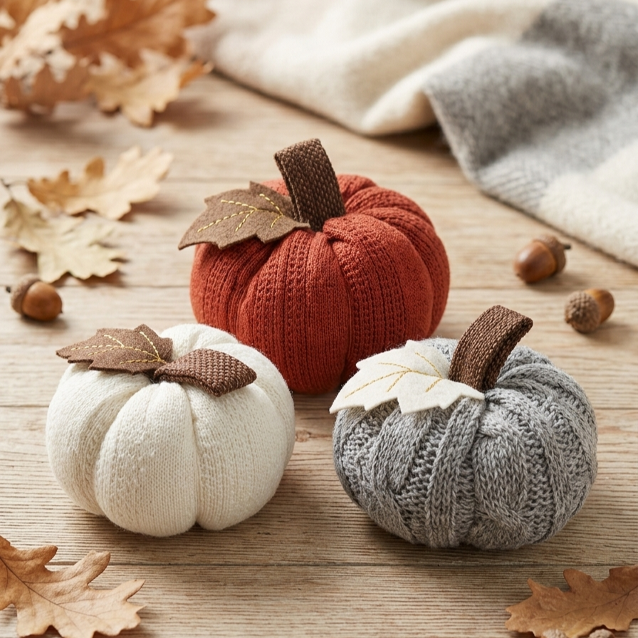 Cozy Knit Fabric Pumpkins – Handcrafted Autumn & Thanksgiving Tabletop Decor