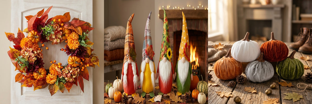 Harvest Home Set - autumn harvest wreath, gnome plush and velvet pumpkins decor bundle
