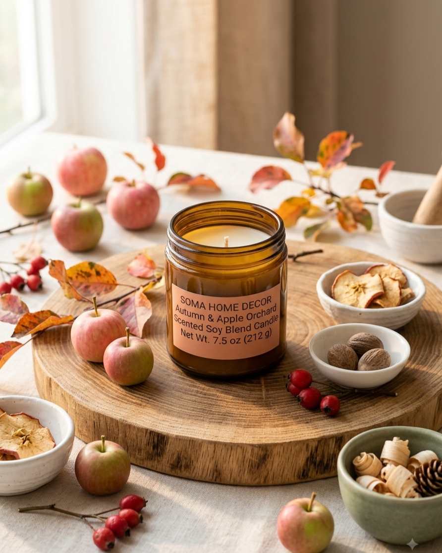 An amber glass jar candle labeled 'OROMA HOME DECOR Autumn & Apple Orchid' sits on a round wooden board surrounded by apples, dried apple slices, small bowls of ingredients, and autumn leaves in a softly lit indoor setting.