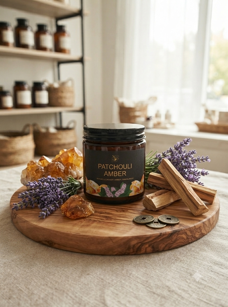 A jar of Patchouli Amber candle sits on a round wooden serving board, surrounded by lavender sprigs, amber crystals, wood chips, and coins, with a softly blurred apothecary-style room in the background.