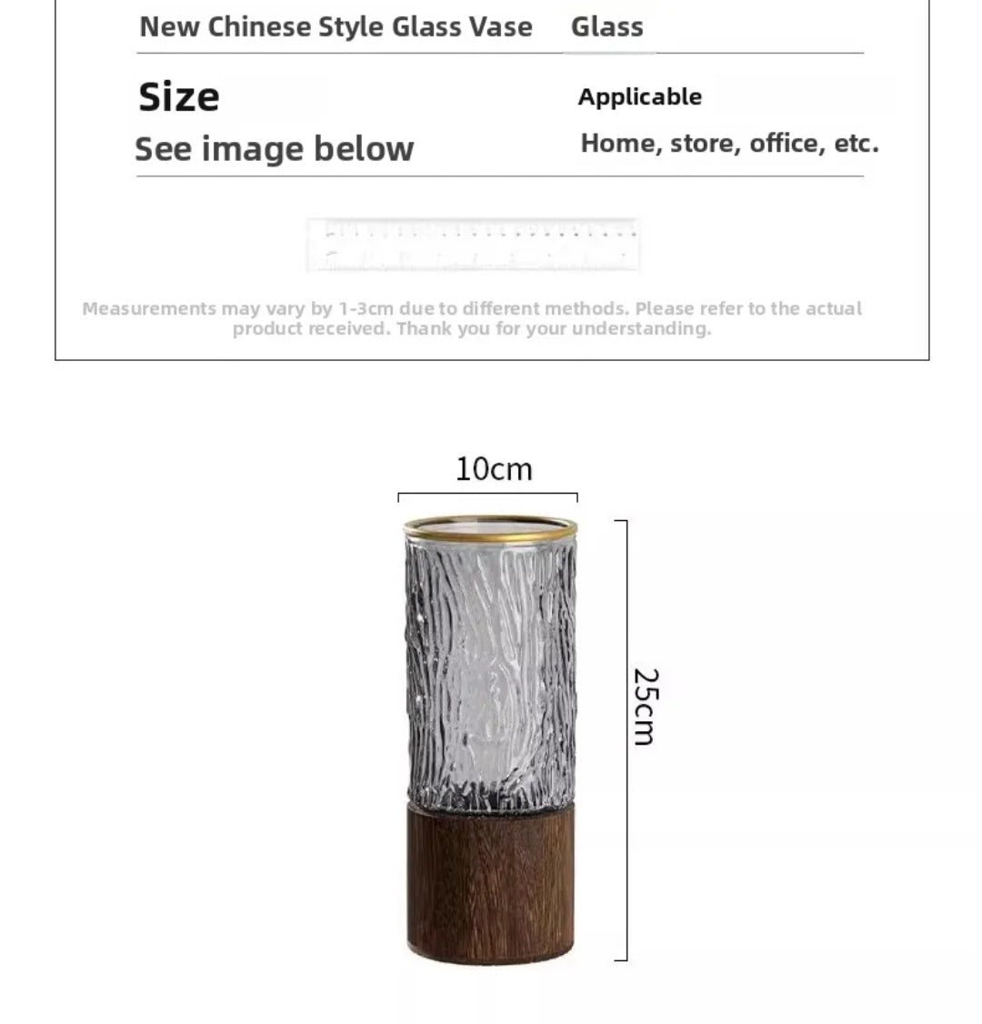 Glass vase on wooden base dimensions: 25 cm tall, 10 cm wide