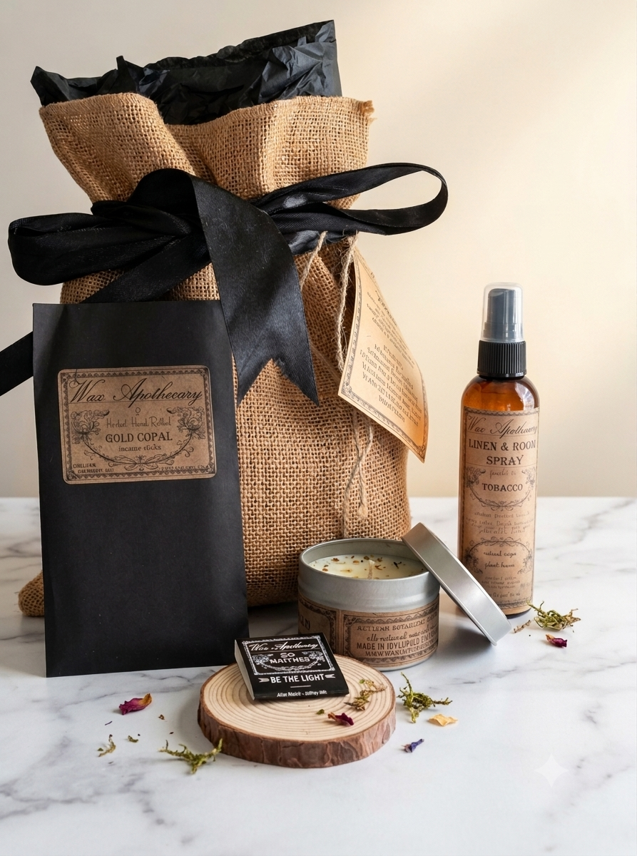 A curated spa gift set arranged on a white marble surface against a warm beige wall. The set includes a large burlap drawstring bag with a black ribbon, a black soap or shampoo bottle labeled 'The Apothecary Gold Cupid', an amber spray bottle labeled 'Tuck and Bone Spray', a small round tin with its lid beside it, a small boxed item on a wooden coaster, and scattered dried botanicals.