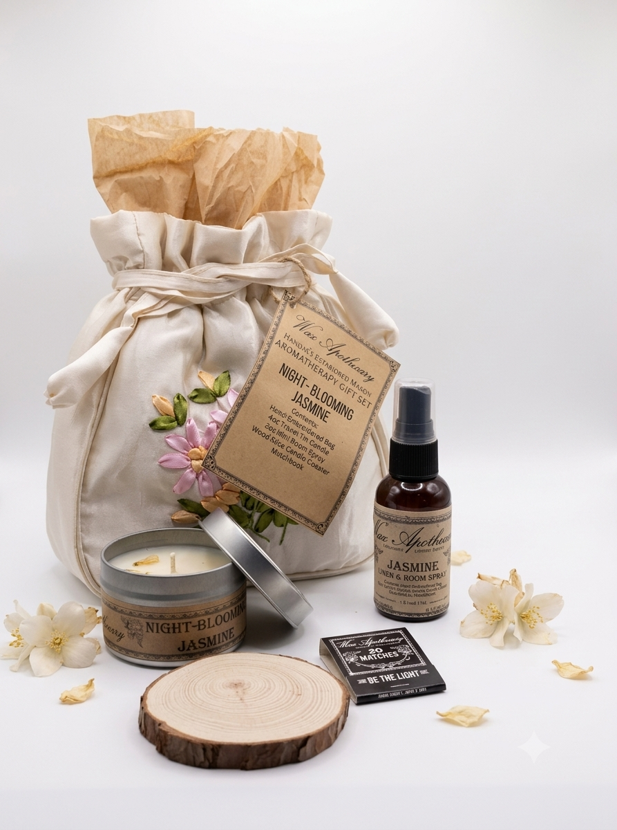 A spa gift set from The Apothecary featuring a 'Night Blooming Jasmine' scented candle, a matching spray bottle, a small black box, a round wood slice coaster, and a beige fabric drawstring bag with brown tissue paper, arranged on a white background with scattered jasmine flowers.