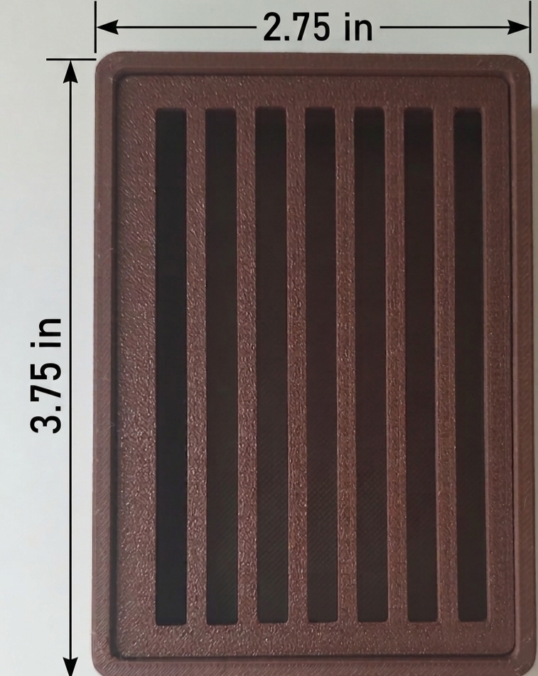 A rectangular brown textured panel with six vertical slits, shown with dimension arrows and labels indicating 2.75 in by 3.