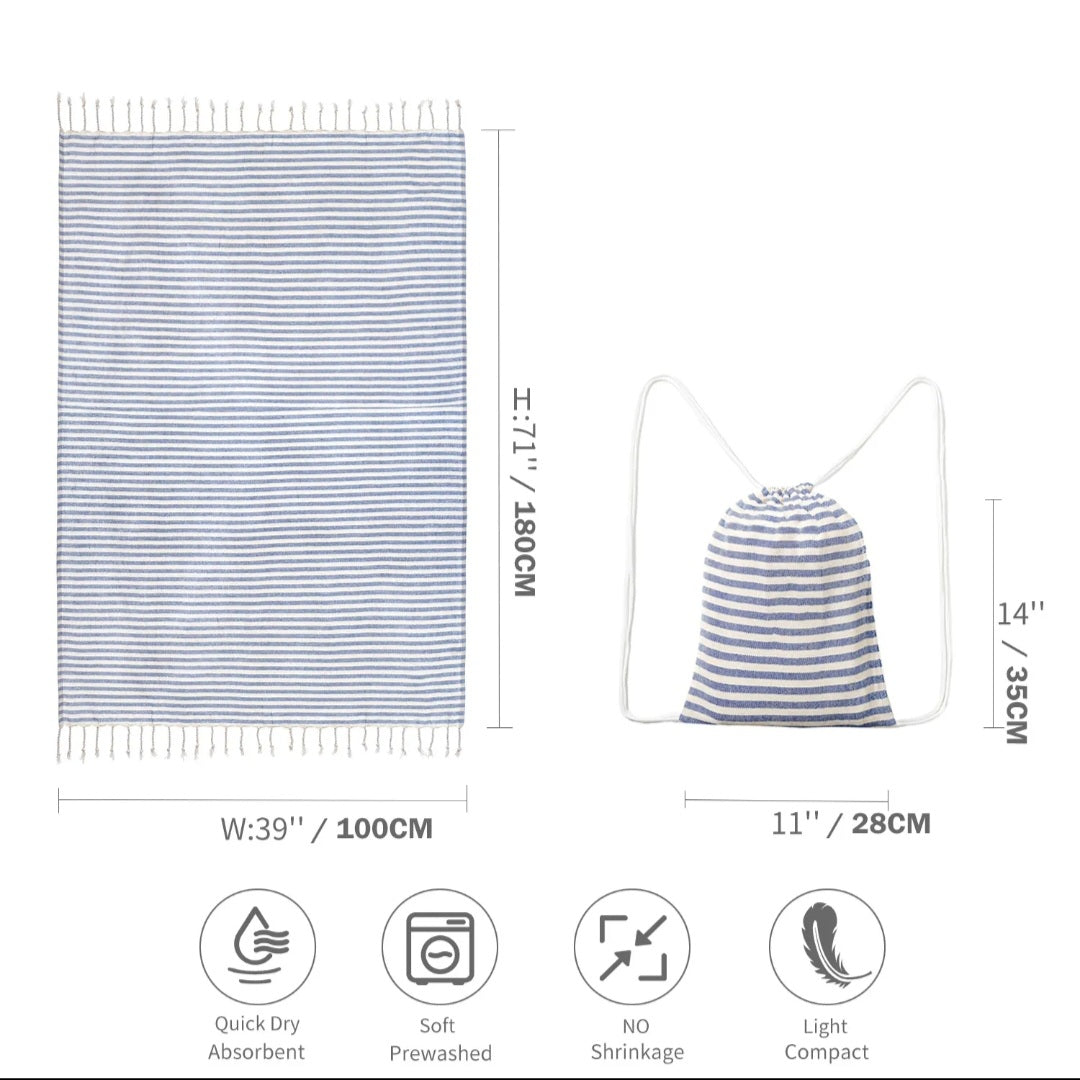 Blue Turkish peshtemal towel size guide: 39 by 71 inch towel with tassels and 11 by 14 inch drawstring bag, quick dry, prewashed, no shrinkage, light and compact
