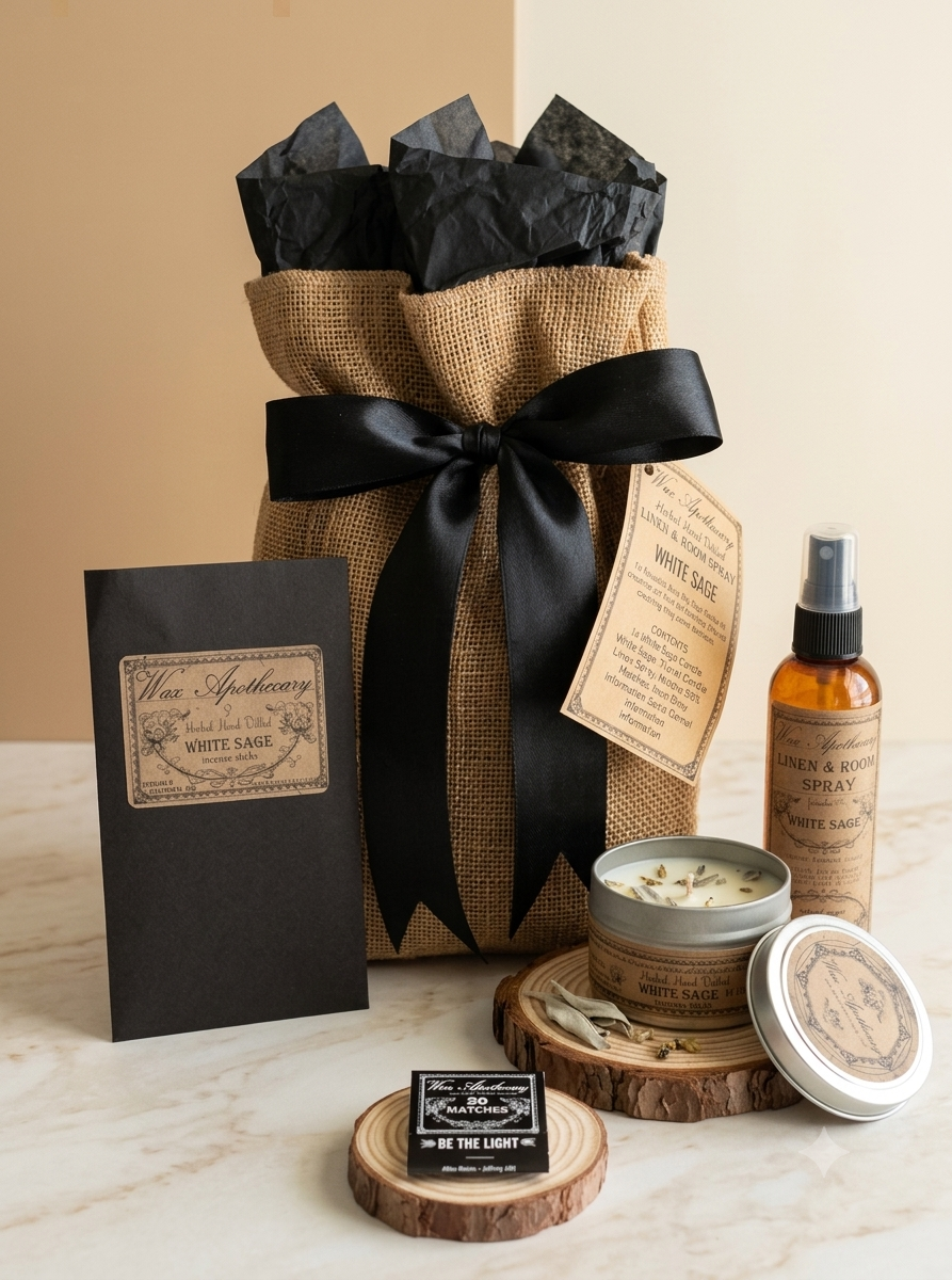 A curated gift set from Van Antwerp White Sage Apothecary, featuring a large burlap-wrapped gift bag with black tissue paper, a black card, a white sage spray bottle, a candle tin, a small soap bar, and wooden coasters, arranged on a marble surface against a beige background.
