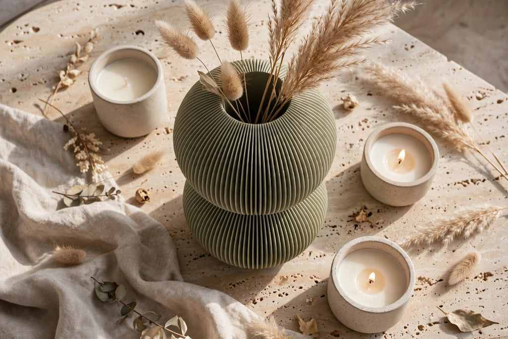 Double bubble muted green vase filled with dried pampas grass and bunny tails, surrounded by three lit candles